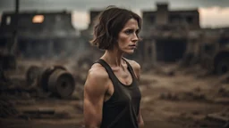 ducking beautiful slender caucasian female technician with a knife, looking away from camera, black tank top, well toned muscles, weathered face, scratched sand camo metal details, short brunette wavy bob haircut, dystopian, postapocalyptic city scene with smoke and explosions. giant satelite dish in the background