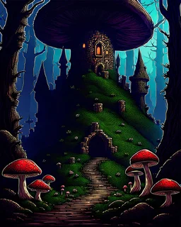 A frightening mushroom forest dungeon with a twisted bramble evil castle in the background