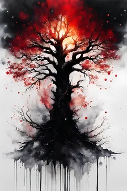 ink splatter art, burning tree in heavy rain, translucent, Agnes Cecile Wlop, Karol Bak, Carne Griffith: amazing alcohol ink splatter artwork, intricately detailed, minimalism, intense style, sumi ink, sharp and fine, high opacity, intense lighting, highly contrasted, elegant, iridescent gold features, white, black, red fluid ink, dripping ink, partly Silhouette effect, hyperdetailed double exposure masterwork by head of prompt engineering