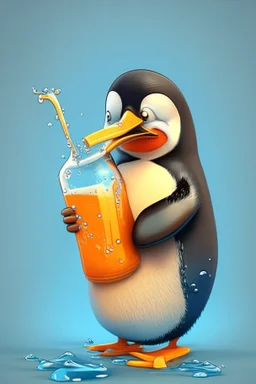 Cartoon character penguin drinking juices