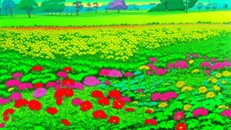 A neon green field with beautiful flowers painted by Utagawa Hiroshige