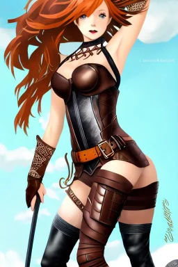 concept illustration, super-detailed, beautiful teen female, 16 years old, loli, long ginger hair, medium freckles, full lips, full body, full face, b-cup breasts, athletic, centred camera, ignore NSFW, skimpy brown fantasy leather armor, halter top, micro thong, knee-high leather boots, open leather tasset, stern expression,