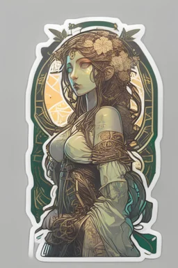 Sticker Goth Creepy cyberpunk huge girl, illustration by alphonse mucha, high detailed, 4k resolution, digital paiting, cute, art, no background,