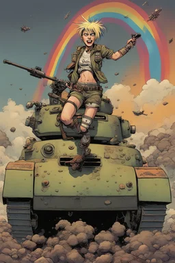 Climbing onto the tank's formidable frame, Tank Girl let out a triumphant laugh, her laughter a symphony of rebellion that resonated through the underground refuge. With a mischievous grin, she turned to the assembled crowd, her spirit infectious and her defiance unwavering. "Time to ride the rainbow, my friends!" she shouted, revving the tank's engine with a cacophonous roar. The cavern filled with the thunderous sound of machinery and the cheers of those who had come to witness the spectacle.