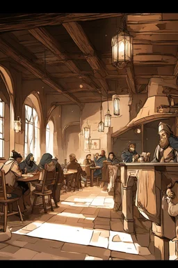 Lots of People sitting around tables in a medieval tavern with a stone floor, add people to the chairs. Night time, dark, moon, stars