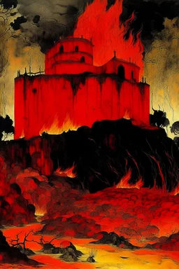 A red volcanic castle in a fiery realm designed in Lascaux cave paintings painted by Edouard Manet