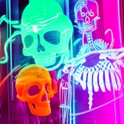 Futuristic, Neon, crystal, skeleton, samurai, smoke, glass, fire, water