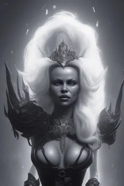 Pamela Anderson as evil queen in black leather, leather, busty, cleavage, angry, stern look. character design by cory loftis, fenghua zhong, ryohei hase, ismail inceoglu and ruan jia. unreal engine 5, artistic lighting, highly detailed, photorealistic, fantasy