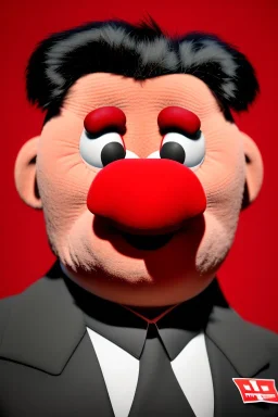 Waist up muppet Portrait, Kim Jong-un muppet doll, black suit, photo studio, red background, unreal engine 5, concept art, art station, god lights, ray tracing, RTX, lumen lighting, ultra detail, volumetric lighting, 3d.