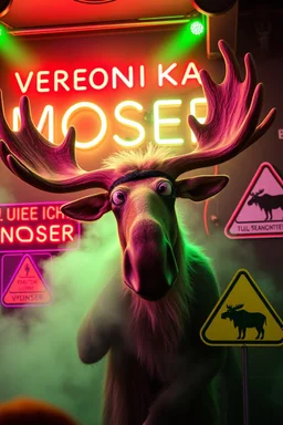 An big female moose with big eyes "Veronika Moser" performing at dance club, her name is "Moser" HAIRY FRUITS EVERYWERE On stage, Green Neon lights and smog, and "VERONIKA MOSER" big sign on the wall, "DU UND ICH UND MOSER" red plate sign, Yellow warning sign with moose