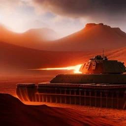 volumetric dramatic desert Battle scene with futuristic hovering military armored Hovercraft tank painted by chris foss, Laser turret, floating, 4k, 8k, Minutiae, highly detailed, rivets, hovering, stripes, sunset duststorm, nimbus clouds