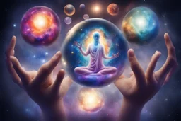 kundalini, connected to the universe, few colours of galaxy, holding galaxies in few hands in glass balls