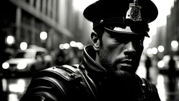 black and white distopic city night, garbage in the streets, rainy, close up face of futuristic police man, cinematic light, HDR, beautifully shot, hyperrealistic, perfect composition, high contrast, cinematic, atmospheric, moody