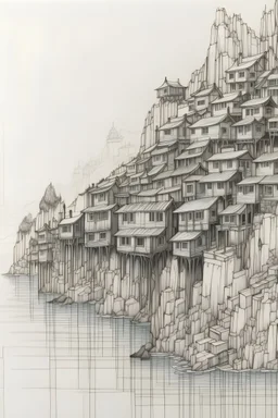 wooden cliffside city with lagoon sketch