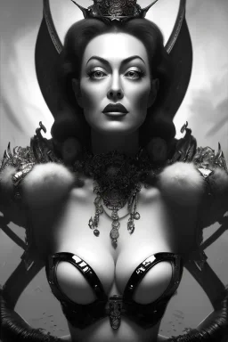 Joan Crawford as evil queen in black leather, busty, cleavage, dominatrix, curvy, angry, stern look. character design by cory loftis, fenghua zhong, ryohei hase, ismail inceoglu and ruan jia. unreal engine 5, artistic lighting, highly detailed, photorealistic, fantasy