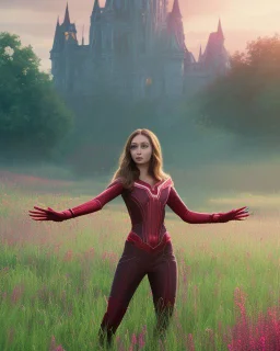 Feiticeira escarlate, Elizabeth Olsen, feiticeira, magia, bonita, cenário em um campo de flores, cinematográfico, dramático, por do sol, campo de flores, cores frias