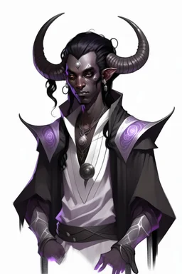 En Young male Black skin black hair tiefling White Wizard with large Black horns with a bit of Purple horns same size going from the front to the back. glowing Silver and White symbols Why don't Silver clothes