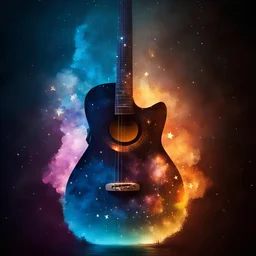 guitar in center, on a exotic beach, with big stars in the sky