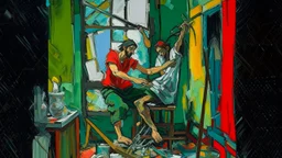a painting of two people sitting at a table, inspired by Alberto Morrocco, crown of thorns, standing on a ladder, comic book panel, interior of a house, messy, gestures