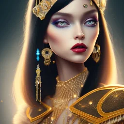 a princess with a lot of jewellery, beautiful long black hair, gold lipstick, blue eyes, with feather, dramatic, dramatic lighting, pixar style, volumetric lighting, hyperrealism, 8k, high quality, photorealistic, lot of details