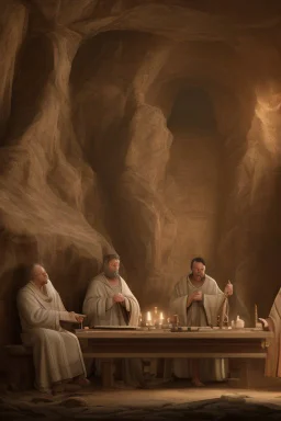 Several Christian priests of the 1st century AD are sitting in a cave and actively arguing and gesticulating, each holding a scroll of Ancient Scripture, on a wooden table in front of them there are many ancient scrolls, all painted with oil paintings in high resolution, in 8k.