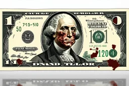 real looking Dollar Bill with a rotting zombie George Washington portrait on it, grainy photography, macabre