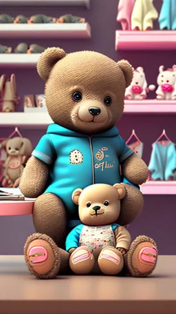 3d imge of teddy sit on table inside th middle of baby shop or baby store