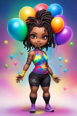 Create an airbrush image of a chibi black curvy female wearing a tie dye yoga outfit. Prominent make up with hazel eyes. Highly detail asymmetrical dread locs. background of colorful large ballons 2k