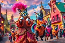 "The Feline Pied Piper of Hamelin, wearing an extravagant, flamboyant Renaissance costume in neon pinks, electric blues, gold and crimson, playing a glowing magical flute, leading a surreal parade of colorful, fantastical cats with glowing eyes and shimmering fur, dancing through vibrant Renaissance streets exploding with color, surreal skies, candy-colored buildings, confetti in the air, astonished townsfolk watching from wildly decorated balconies, ultra-saturated, psychedelic baroque style, e