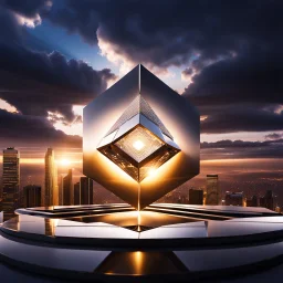 In a mesmerizing scene, envision 4 diamond and silver and gold symetric hexagonal prism repeating 3d mandelbolb fractal structure against the backdrop of a gleaming modern futuristic future stormy sunset cityscape. Suddenly, without warning, the hexagonal prism begin to collapse and cascade to the floor, creating a symphony of light and sound as they shatter into a myriad of sparkling fragments. Explore the juxtaposition of beauty and destruction in this captivating moment.