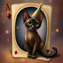 <lora:FiosMysticAura:1.0> <lora:FiosArcaneCards:1.0> A smooth, elegant sophisticated chocolate point Oriental shorthair Siamese cat, wearing a tiny party hat, emerges from a gigantic, intricately designed playing card, reminiscent of the whimsical styles of James Gurney, Chuck Jones, and Ash Thorp, with vibrant, dreamlike colors and delicate, hand-painted textures.