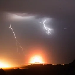 doom scenary. Heavy rain. Epic Lighting in the sky. Knight with a sword. Falling meteorite from the sky. Meteorite burning in the distance.