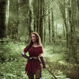 a bustyfemale folk hero traveling through a fantasy forest