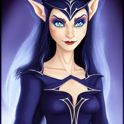 dungeons and dragons character, female half-elven sorcerer wearing a dark blue dress with long black hair and dark blue eyes, smiling, gorgeous face, close-up, realistic