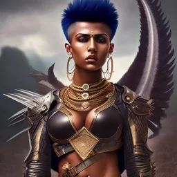 fantasy setting, woman, dark-skinned, indian, ranger, 23 years old, mohawk haircut, mohawk haircut, long hair