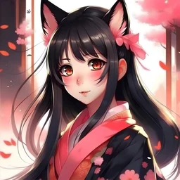girl anime kitsune black hair pink eyes