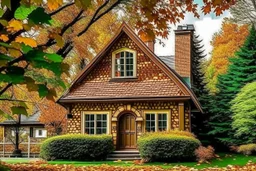 Cabin in the woods, autumn colors, lake with crystal clear water, mountains bokeh background, serenity.