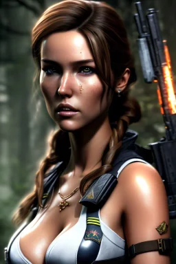 full body portrait Camilla Luddington face, hitomi tanaka body, lara croft clothes