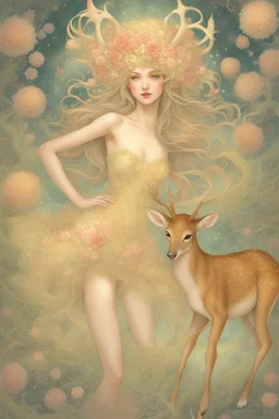 [laughing sexy faerie with a deer] As psychedelic Fiona, I feel myself drifting soft through billowing blooms of visual aid and aural ether. My slender form shimmers in gossamer raiment woven from sunshine, moonglow, and forest spirit; petal-soft hooves leave nary a print upon the stars I seem to walk. Beside me strides my Deery in dignity, his noble visage crowned with antlered emerald and bronze. Around us the glade pulses with bioluminescent being; the night is alive with pulse and song.