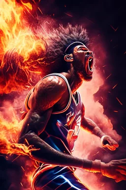 8k, highly realistic and detailed image of a NBA basketball player in action dunking the ball in the net, sweaty hair, screaming look,action and smoke and flames background