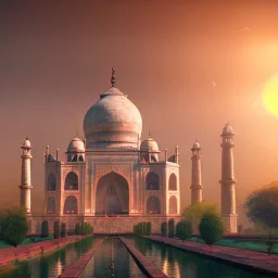 The Taj Mahal, Hindistan, sunset, fantasy art, flying birds, springs, waterfall