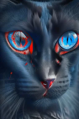 قط اسود حزين وعيونه واحد زرقاء وواحدة حمراء