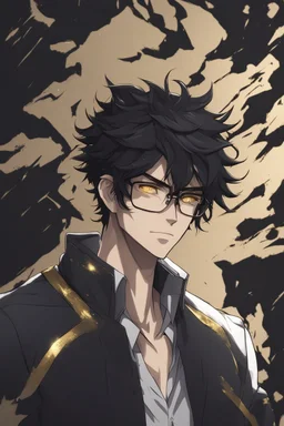 Anime style man with messy black hair and black cat ears. gold eyes. Glasses