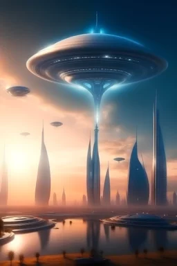 Realistic Dubai is invaded by group of aliens with big spaceships and around dawn time, galaxy sky overlay