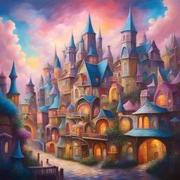 A whimsical fantasy town fantastical buildings with exaggerated shapes and lively colors, and the sky is a surreal blend of pastel hues. The scene is lively, filled with energy and a sense of wonder, highly detailed oil paint