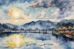 Urban sketch of a beautiful forest in ink and watercolor, storm clouds, full sunset, flowers, kurved path, old wood bridge, gull Modifiers: beautiful award winning