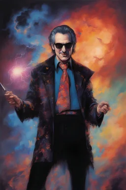 head and shoulders image, Vincent Price - Kiss Me Deadly - Reptilian-skinned - Ray-Ban sunglasses - Motley Crue - gothic pale-skinned vampire, Painting with fire and multicolored electrified cosmic clouds, by Hoy Tong Lu - Multicolored lightning -a smiling, 18-year-old Count Dracula, long, black hair, blue eyes, goth makeup, black leather biker's jacket, black leather pants, combat boots, black fingerless gloves, sitting on in the forest next to a fire,