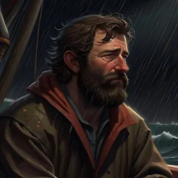 The lanky brown haired bearded deckhand "Simon Lionguard" looking out at a stormy sea realistic grimdark