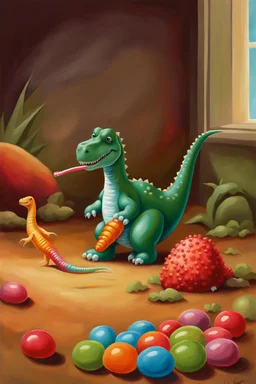 Toy Tantrum with Treats"? In this still life painting, a small plastic dinosaur is facing off with a gummy worm, both looking rather stern. The dinosaur has its tiny arms crossed in defiance, while the gummy worm seems to be attempting to reason with it. Meanwhile, a lone marshmallow sits nearby, looking bewildered by the whole situation. It's a humorous take on the clash between toys and sweets, with a touch of dry wit.