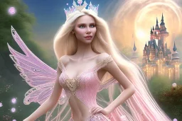 castle in background, beautiful, soft, big smiling, straight and long blonde hair, dewy and shiny atmosphere, diamond crown, long fairy wings in the back, full head, pink veil clothes